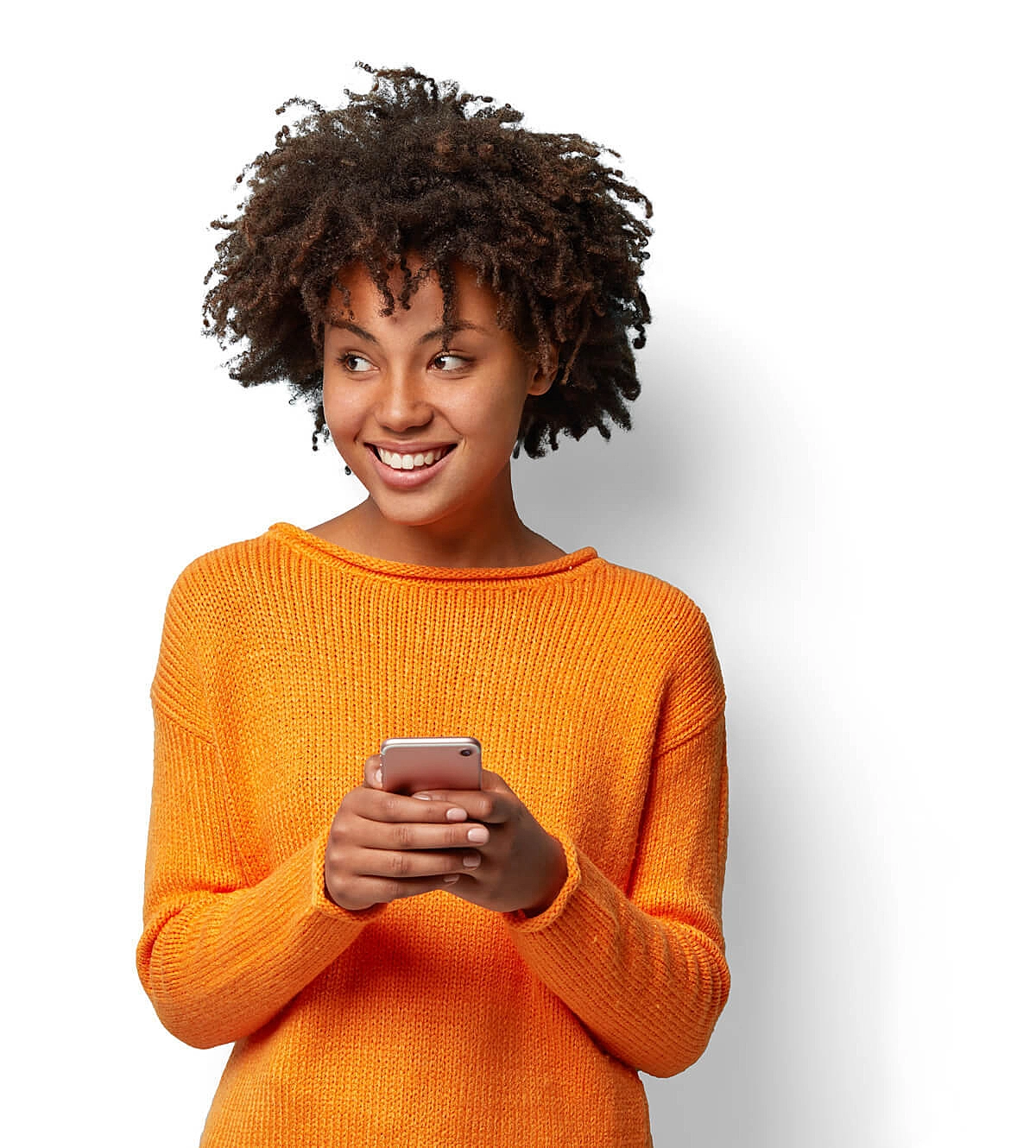 Image of Girl in orange sweater cutout white bg